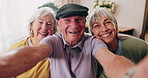 Senior, face and friends with selfie in retirement home for bonding, photography or capture moment. Portrait, pensioner or elderly group with smile for picture, social media post or memory together