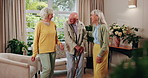 Elderly, dancing or happy friends with cane in house for fun retirement, holiday or summer break. Senior group, people or smile with energy or movement for vibe or weekend celebration in old age home