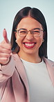 Face, businesswoman and smile in studio with thumbs up emoji, glasses and yes for job opportunity. Happy, person and like sign for hiring success, well done or career achievement on white background.