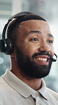 Headset, man and technical support consultant in office for communication, contact or help desk. Happy, mic and call center agent with online consultation for customer service or inbound discussion.