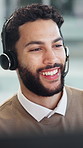 Headset, happy and call center consultant in office for communication, contact or help desk. Man, mic and technical support agent with online consultation for customer service or inbound discussion.