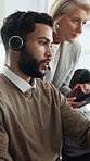 Call center, people and help with tablet for support, training and question for quality assurance. Team, contact us and discussion with tech in office, crm coaching or compliance check with mentor