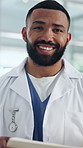 Doctor, face and happy man with clipboard in hospital, healthcare and confident with medical career. Clinic, health specialist and person with smile, help and pride for job opportunity in Mexico