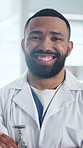 Crossed arms, man and face of doctor in clinic with confidence for career in medical service. Happy, about us and portrait of cardiologist with pride for opportunity in healthcare support at hospital