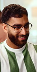Thinking, business and man in office with smile, copywriting and inspiration with career ambition. Happy person, glasses and magazine editor in creative agency with content writer and problem solving