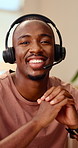 Consultant, face and black man with headset in call center for customer service or online advice. Portrait, male person or agent with smile or mic for telecommunication, virtual assistance or help