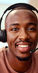 Agent, face and black man with headset in call center for customer service or online advice. Portrait, male person or consultant with smile or mic for telecommunication, virtual assistance or help
