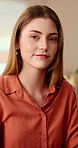 Face, business and woman in office with smile, copywriting and about us with career ambition or pride. Happy person, portrait and magazine editor in creative agency with content writer and confidence