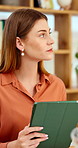 Serious, decision and woman with tablet in office, idea and planning for case with digital evidence. Legal assistant, reflection and person with technology, thinking and trial research in law firm