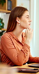 Serious, choice and woman with laptop in office, thinking or planning for case with digital evidence. Legal assistant, reflection and person with technology, decision and trial research in law firm