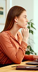 Serious, woman and thinking with laptop in office, choice or planning for case with digital evidence. Legal assistant, reflection and person with technology, decision and trial research in law firm