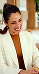 Corporate, woman and laptop in office for video call, virtual interview or discussion for job offer. Mature person, laughing and webinar in workplace with pc, contact candidate and online recruitment