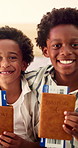 Passport, happy and face of kids in home excited for travel, family vacation and holiday. Siblings, portrait and African children hug with ticket, visa and boarding pass for getaway, trip and bonding