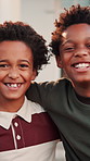 Face, happy kids and brothers hug for care, laugh and bonding together for family connection. Smile, siblings and African boys embrace with support for love, funny and trust with portrait at house