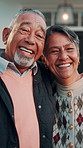 Face, old couple and laugh outdoor at new house, property purchase or smile for relocation. Portrait, senior people and happy at front door for moving in, homeownership and investment for real estate