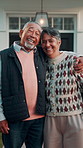 Face, old couple and hug outdoor at new house, property purchase and approval for relocation. Portrait, senior people or smile at front door with embrace, homeownership and investment for real estate