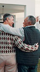 Back, old couple and hug at new house for viewing, property purchase and relocation. Senior people, discussion and front door with embrace, home selection and retirement investment for real estate