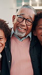 Face, kids and grandfather with hug at house for weekend visit, bonding together or affection. Happy, boy children or old man in front yard for holiday reunion, connection or relationship development