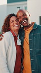 Face, couple and laughing outdoor at new house, property purchase and residential for relocation. Portrait, people and smile at front door for moving in, homeownership and investment for real estate