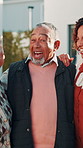 Laugh, woman and senior parents at house for weekend visit, bonding together and happy relationship. Daughter, elderly people or hug in front yard for retirement support, connection or family reunion