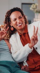 Laughing, selfie and family in home with peace sign, boy and mother in living room for memory. Happy, capture funny moment and V hand gesture for picture, social media post and mom bonding with kid