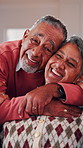 Face, old couple and smile in home with hug, love and partner affection for weekend break. Portrait, senior people and laughing at house with embrace, connection and healthy commitment for retirement