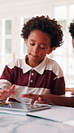 Children, home and learning with tablet for online education, fun activity or interaction together. Boy, kids or playing with technology for academic game, entertainment or engagement in house