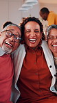 Senior, face and hug with adult daughter in home for bonding, holiday or family time. Portrait, elderly mom and dad with woman, smile or embrace for weekend break, love or relax together in house