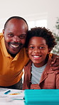 Face, father and child in house with homework support, laugh and embrace for knowledge development. Happy, African man and funny kid in home with hug, learning assistance and education for growth.