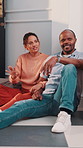 Couple, talk and moving in new home with planning, real estate investment and interior design idea. Married, mature African people and relax in house with makeover, discussion or vision of decoration
