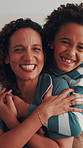 Hug, face and mom with child in home for bonding, loving relationship and connection in morning. Family, happy and portrait of boy with mother, embrace and smile for affection, support and weekend