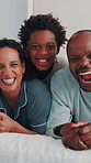 Laugh, face and parents with kids in bedroom for wake up, relax and funny joke for bonding on weekend. Happy, family and portrait of children with mom, dad and playful for affection, love and morning