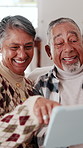 Senior couple, smile and tablet on sofa for laugh, streaming or subscription in living room. Elderly man, old woman and comedy movie in house together for retirement, bonding and love with tech