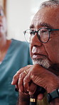 Nurse, senior or man thinking with cane in retirement home for assisted living, help or past moment. Elderly, male person or contemplating with healthcare worker or caregiver for empathy or memory