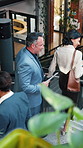 People, walk and greeting in office with stairs, manager and personal assistant arrive at company. Above, team and talk in workplace with steps, executive secretary or tablet for schedule management.