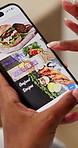 Hands, phone screen and woman scrolling cooking website for inspiration, learning or recipe ideas. About us, advice and food tips with mobile user in apartment for meal decision, options or sign up