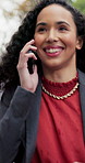 Walking, outdoor and business woman with phone call, rental feedback and laughing with contact. Mobile, happy agent and conversation on commute, property price and real estate update with rain