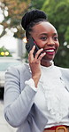 Rain, outdoor and business woman with phone call on walk, rental feedback and laughing with contact. Mobile, happy black person or talking on commute for weather, property price or real estate update