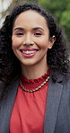 Professional, happy and face of businesswoman in city with confidence for finance career outdoor. Smile, positive attitude and portrait of financial manager with pride for corporate about us in town.