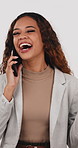 Phone call, excited and business woman in studio with deal closed, good news and chat. Success, celebration and realtor with tech, investment opportunity or positive feedback on white background