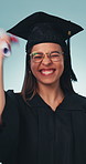 Success, face or graduate with certificate, college goal or excited in academic achievement. Happy, woman or university student with diploma, celebration or education milestone on studio background.
