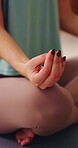 Hands, yoga and woman in home with exercise mat for wellness, meditation or self care and fitness. Lotus, calm and zen of female person on ground in house for holistic health, balance and peace