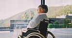 Thinking, wheelchair and old woman in home with window, contemplating and nostalgia. Retirement, reflection and senior person with disability in house with view, calm mindset and space to relax