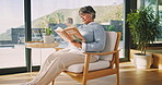 Tea, home and old woman reading book for houseplant, relax and plant research in lounge. Elderly person, tips or guidebook info for knowledge development with coffee and calm retirement in house