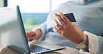 Credit card, old woman or hands in house with laptop, online payment or sales promo in eft transaction. Digital, discount or senior person with tech, remote shopping or cashless order in retirement.