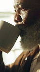 Thinking, relax and black man on retirement with coffee, start day and mindset for nostalgia memory. Serious, senior person and beverage at house with vision, daydreaming and reminiscing for wellness