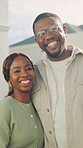 Face, couple and smile in front yard with new house, property investment and pride for real estate. Happy, married black people outdoor and moving in home with relocation, mortgage loan and support.