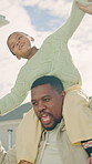 Smile, outdoor and child on shoulders of father for playing, bonding and connection on holiday. Happy, backyard and African dad carrying girl kid for family, care and safety in nature on vacation.