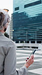 Walk, search and phone with business woman in city for communication, real estate listing and direction. Location app, client feedback and property viewing schedule with mature person outdoor
