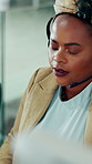 Telecom, woman and stress in office with customer service, miscommunication or tech support challenge. Frustrated, black person and speaking in call center with IT troubleshooting, mistake and error.